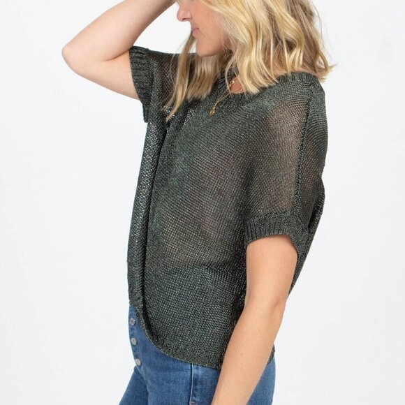 Vince. Metallic Green Mesh Knit Short Dolman Sleeve Sweater Top XS - Picture 2 of 6